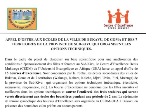 Appel d’offre aux écoles de la Ville de Bukavu, de Goma et des 7 territoires de la Province du Sud-Kivu qui organisent les options techniques